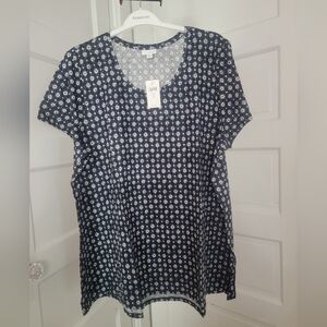 J.Jill Women's Printed Top Scoop-Neck Short Sleeves Black/Navy 100% Pima Cotton